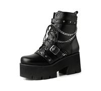 HXTYXCQ Femmes Gros Talons Hauts Cuir Punk Bottes Lacets Fermeture Éclair Latérale Plate-Forme Bottes avec Chaîne en Métal Bout Rond Boucle Bottines Gothiques,Noir,45 EU