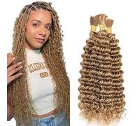 Hxxcoup Human Braiding Hair for Boho Braids Deep Wave Bulk Total 150g 3 Bundles 16 16 16 Inch Human Hair Extension Cheveux Humain Unprocessed No Weft #27 Blonde Color for Women