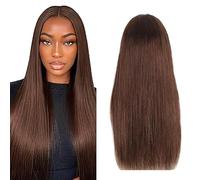 Hxxcoup Perruque de cheveux humains raides 33 x 15 cm avec dentelle frontale avec ligne de cheveux naturelle marron chocolat à porter et aller sans colle Cheveux brésiliens Remy sans odeur pour femme