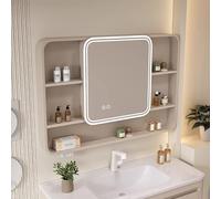 HXYhydrypd Armoire Salle de Bain, Armoire Salle de Bain Rangement, Support de Rangement pour Cosmétiques, Interrupteur Tactile Intelligent, Fente pour Serviettes en Papier(Beige)