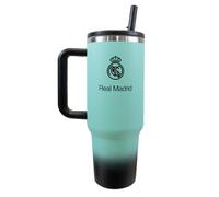 Hy-Pro Bouteille Isotherme sous Licence Officielle Real Madrid de 1,13 l - Bouteille d'eau avec Paille et poignée intégrées, Tasse de Voyage Isotherme à Double paroi, en Acier Inoxydable, sans BPA,