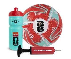 Hy-Pro Coffret cadeau sous licence officielle Coupe du Monde de la FIFA 2026 - Ballon taille 5 avec pompe de football et flacon de 500 ml - Cadeaux pour garçons et filles - Rouge et cyan