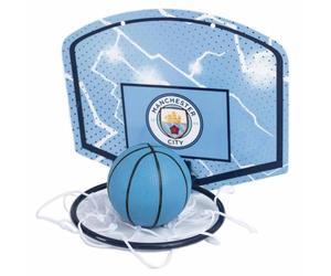 Hy-Pro Mini panier de basket Manchester City sous licence officielle - Ensemble de basket-ball d'intérieur avec panneau arrière, bord et balle - Mini panier à ballon pour chambre d'enfant avec logo et