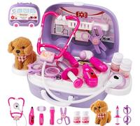 HYAKIDS Jouet Valisette Vétérinaire pour Enfants, Malette Veterinaire avec Chien la Peluche, Jeux D'imitations Cadeau pour Fille Garçon Enfant 3 4 5 Ans