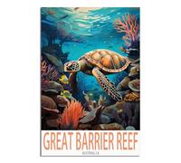 HYBFQXELL Poster vintage sur toile représentant une tortue de mer et une grande barrière de corail d'Australie (60 x 90 cm) - Décoration murale moderne pour chambre à coucher