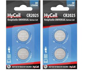 HyCell Piles Bouton Lithium CR2025 3V (Lot de 4) - Piles Plates Standard résistantes et à Longue durée de Vie - Piles Boutons pour e Voiture, télécommande, Appareil de Mesure, etc.