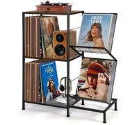 HYCFYJR Tourne Disque Support, Meuble Platine Vinyle avec Range Vinyle à 2 Niveaux et Cadre Métallique, Rangement Tourne Disque Le Salon, Marron Rustique