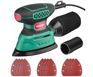 HYCHIKA Ponceuse Bois 140W, 13000 OPM Ponceuse avec dépoussiérage efficace, avec 12PCS papier de verre, idéal pour poncer le bois et enlever la rouille et la peinture