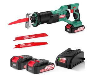 HYCHIKA Scie Sabre sans fil 18V, Vitesses Réglables 0-2800SPM, 2 Lames, Chargeur Rapide, Lumière LED, Idéal pour Coupe de Bois, Branches, Métal (Avec 2 batteries 2Ah)