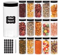 HYCKee Lot de 16 bocaux de conservation en plastique avec couvercles noirs de 500 ml pour épices, aliments secs, collations, haricots, 1 stylo et 40 étiquettes pour cuisine, garde-manger