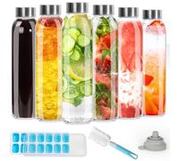 HYCKee Lot de 6 bouteilles d'eau vides en verre transparent avec couvercles en métal - Avec brosse de nettoyage - Pour eau, kombucha, vin, bière et smoothies
