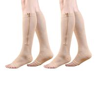 HYCOPROT Chaussettes de Compression Médicale à Glissière 15-20 mmHg 2 Paires Bas de Contention Ouvert pour Femmes et Hommes Soutien Varices Course Pied Grossesse Infirmières Voyages
