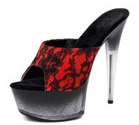 HYDgfiuf Femmes Dentelle Rose Talons Hauts dégradé Mule Plate-Forme Sandale Sexy Stripper Club Robe de mariée Chaussures de soirée Grande Taille 34-45,Rouge,44