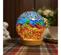 HyDlan Lampe de chevet verre patchwork - Style bohème - USB - Bleu, Orange | Méditerranée, Prise d'alimentation, fabriquée à la main, design minimaliste de ferme, avec base bois, mosaïque rétro teinté