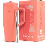 Hydracy Soulmate Gourde Isotherme de 1,18 L avec poignée et paille rabattable - Gobelet réutilisable 100% étanche avec paille en acier inoxydable - Coral Crush