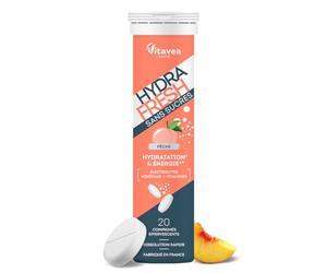HydraFresh - Pastilles hydratation Effervescentes - Magnésium, Électrolytes, Calcium, Vitamines C et B - Complément alimentaire énergie saveur Pêche - Sans Sucres - Fabriqué en France