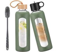 HYDRAGLAZIC 750ml Gourde en Verre Avec Paille et 2 Couvercle, Bouteille d'eau Motivation Graduée Pour 1 Journee Avec Marqueur de Temps Housse en Silicone, Sport Gourde Reutilisable,Olivier