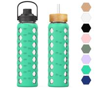 HYDRAGLAZIC gourde en verre 950ML Bouteille d'eau en verre avec 2 couvercles - Couvercle rabattable et couvercle en bambou avec pailles avec mesure gourde graduée anti-fuite, Vert