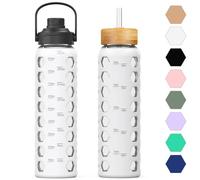 HYDRAGLAZIC gourde en verre 950ML Bouteille d'eau en verre avec 2 couvercles - Couvercle rabattable et couvercle en bambou avec pailles avec mesure gourde graduée anti-fuite, Blanc