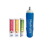 HYDRATIS - Pack 3 Tubes de Pastilles Effervescentes avec Electrolytes + Flasque 500 ml Bleu - Optimise l'Hydratation - Fruits des Bois + Pêche + Kiwi