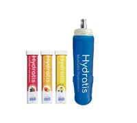 HYDRATIS - Pack 3 Tubes de Pastilles Effervescentes avec Electrolytes + Flasque 500 ml Bleu - Optimise l'Hydratation - Fruits des Bois + Pêche + Citron/Sureau