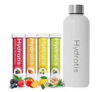 HYDRATIS - Pack 4 Tubes de Pastilles Effervescentes avec Electrolytes + Gourde 500 ml Blanche - Optimise l'Hydratation - Citron/Fleur de Sureau + Fruits des Bois + Pêche + Citronnelle/Gingembre
