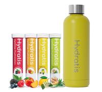 HYDRATIS - Pack 4 Tubes de Pastilles Effervescentes avec Electrolytes + Gourde 500 ml Jaune - Optimise l'Hydratation - Citron/Fleur de Sureau + Fruits des Bois + Pêche + Citronnelle/Gingembre