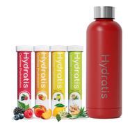 HYDRATIS - Pack 4 Tubes de Pastilles Effervescentes avec Electrolytes + Gourde 500ml Rouge - Optimise l'Hydratation - Citron/Fleur de Sureau + Fruits des Bois + Pêche + Citronnelle/Gingembre