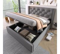 Hydraulic Double Bed upholstered Bed 140x200cm, Bed with slatted Frame Made of Metal Frame, Modern Bed Frame with Storage Space, Cotton, Grey