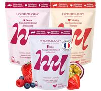 HYDROLOGY - Pack Trio Eau Aromatisée - Pastilles sans sucre - Minceur, Detox & Énergie - 3x15 pastilles effervescentes - Végan & Naturel - Framboise Myrtille, Fruits Rouges & Passion Fraise