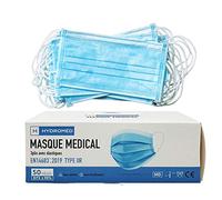 HYDROMED - Masque Chirurgical Type IIR 3 Plis Lot de 50 avec élastiques Anti-Irritation