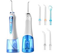Hydropulseur buccal sans fil, 300 ml, irrigateur oral de voyage, 5 modes et 5 buses, hydropulseur électrique, étanche IPX7, charge USB (bleu/blanc)