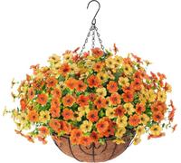 HyeFlora Panier de Fleurs artificielles à Suspendre pour l'automne et l'automne - Imitation Soie Orange Dasiy - Aspect véritable résistant aux UV pour extérieur, Porche, Maison, terrasse, Jardin