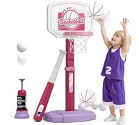HYES 2 en 1 Panier Basket Enfant, Mini Panier Basket pour Extérieur Intérieur, Hauteur réglable de 70 à 100 cm, Jouets de Baseball pour Garçons et Filles de 3 à 12 Ans, Rose