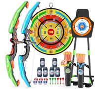 HYES 2 Pack Arc et Flèche Jouet pour Enfants, Kit de Tir à l'arc avec Lumières LED, Suction Cible Debout, 29'' Dart Board et Cibles de Score, Jeux Exterieur Interieur pour 3-12 Ans Garçons Filles