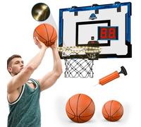 HYES 24" x 16" Panier de Basket Interieur pour Enfants, Panier de Basket avec Scoreboard et éclairage, Panier Basket Chambre avec 2 Ballons, Pompes, Jouet de Sport pour extérieur, Bleu