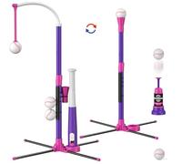 HYES 3 en 1 Baseball Set pour Enfants de 3 à 5, Balle de Baseball, Porte - Balles, Suspendu, Lanceur de Baseball et 6 Softball, Hauteur Réglable, Jouets de Baseball pour Enfants, Violet