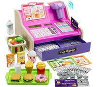 HYES Caisse Enregistreuse en Bois pour Enfants avec Scanner, Calculatrice Réaliste, Jeux d'argent / Pièces de Monnaie / Carte de Crédit / Panier d'achat, Jouets Cadeau pour Garçons Filles, Rose