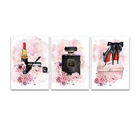 HYFBH Peinture sur Toile Rouge à lèvres Talons Hauts Affiches et Impressions Bouteille de Parfum Fleur Rose Pivoine Affiche Murale beauté Chambre décor 20x30 cm (8x12in) x3 Cadre