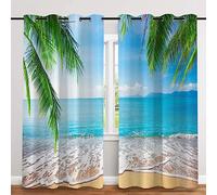 HYFBH Plage Blackout Fenêtre Rideaux Mer Palmiers Rideaux dans Le Salon Nature Bord De Mer Paysage Imprimer Rideau pour Chambre Décor WxH/2x125x180cm Rideaux Voilage