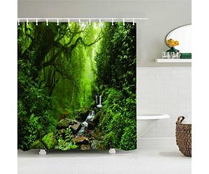 HYFBH Tropical Rainforest Rideaux De Douche Jungle Vert Forêt Arbres Plantes Rivière Paysage Nature Paysage Salle De Bains Décor Rideau De Bain 115x220cm/WxH