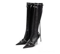HYFEUOKF Talons aiguilles à bout pointu avec clous en métal, bottes de défilé de style moto avec boucles de ceinture et pompons(40)