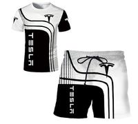 HYFZXWX T-shirt pour homme Shorts Ensemble de survêtement Te_sla Impression 3D Ensemble de deux pièces T-shirt à manches courtes Pantalon Survêtement respirante/A/XXL