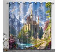 HYGIUID Lot de 2 rideaux château de montagne enneigée pour chambre à coucher, château médiéval, rideaux filtrant la lumière, rideaux fantastiques de conte de fées, cuisine, salon de beauté, spa