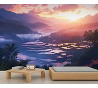 HYGIUID Papier peint mural avec champs en terrasses - Brume matinale - Paysage naturel - Décoration murale HD - Photo de salon, canapé, arrière-plan TV - Poster personnalisé (non autocollant)