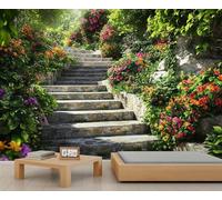 HYGIUID Papier peint mural avec marches en pierre et fleurs - Décoration murale de jardin - Décoration murale de restaurant et dîner à grande échelle - Photo d'accent panoramique (non autocollant)
