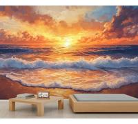 HYGIUID Papier peint mural coucher de soleil sur la plage avec vue sur l'océan - Grand papier peint panoramique pour chambre à coucher, salon, toile de fond 3D pour canapé (non autocollant)