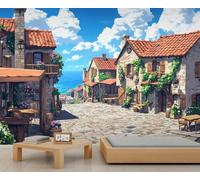HYGIUID Papier peint mural de ville balnéaire avec scènes de rue, maisons en pierre, poster personnalisé, poster mural panoramique massif (non autocollant)