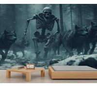 HYGIUID Papier peint mural géant 3D Motif crâne loup Pack squelette Dark Fantasy Papier peint à l'échelle commerciale Café Salon Galerie (non autocollant)