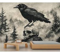 HYGIUID Papier peint mural motif corbeaux terrifiants crânes à l'encre - Papier peint gothique panoramique pour bureau, réception, studio - Papier peint photo personnalisé (non autocollant)
